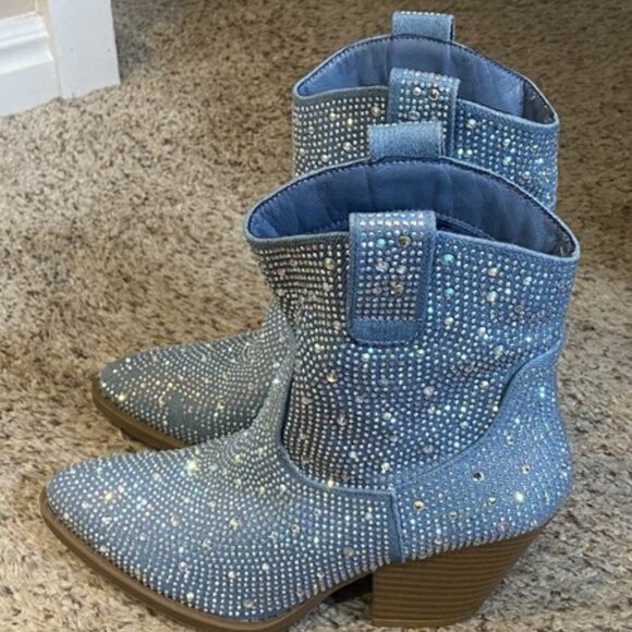 Forever River Denim Blue Gem/Bling Cowboy Western Ankle Boots Women's 6 1/2 - Picture 5 of 5